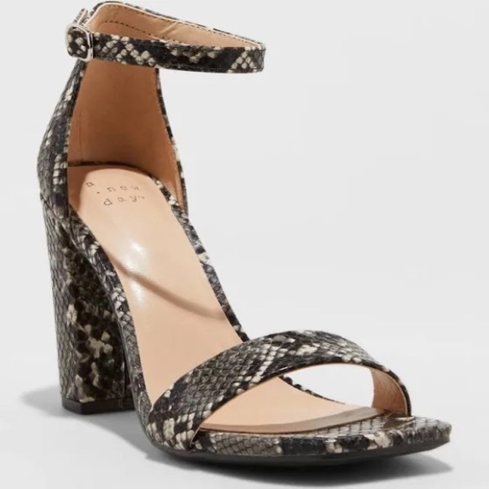 A New Day, Faux Leather Cushioned Snake Print Block Heel Sandals Gray, Size: 6M